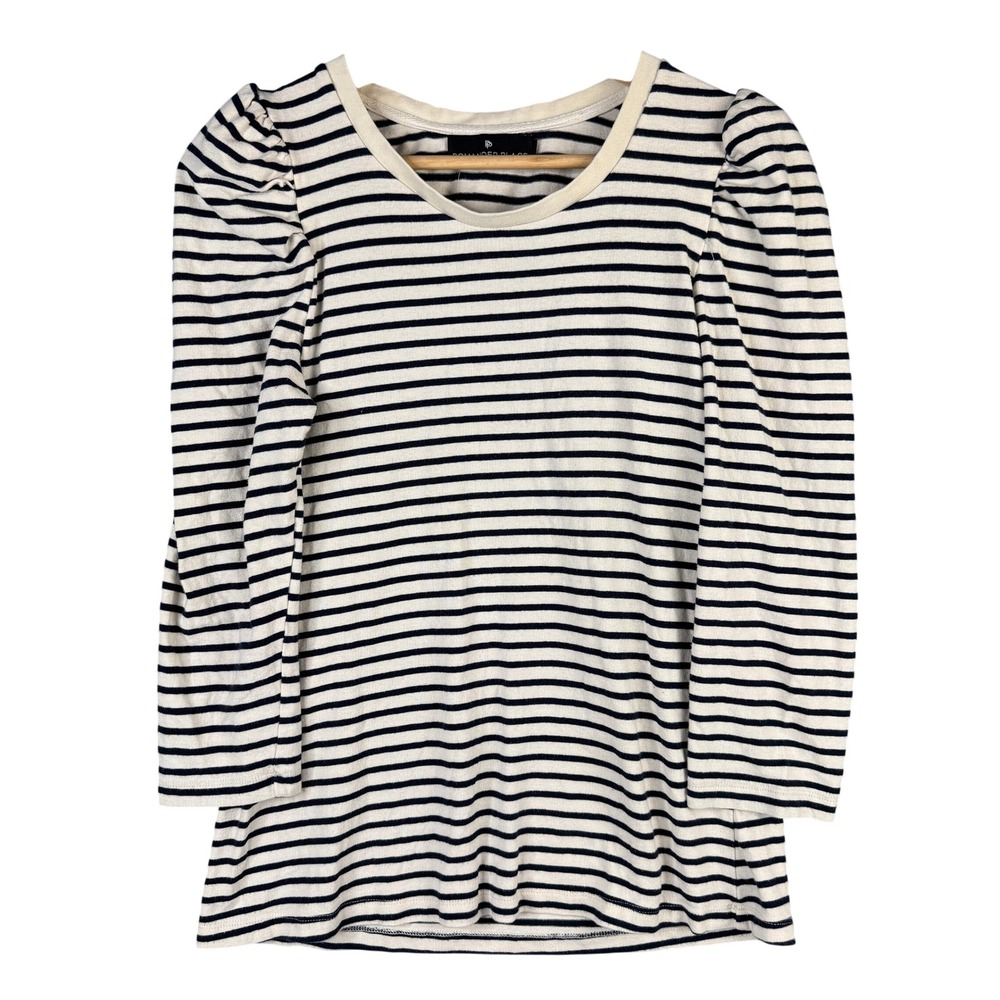 Pomander Place Y20439T Striped Puff Shoulder 3/4 Sleeve Top Cream Navy Small